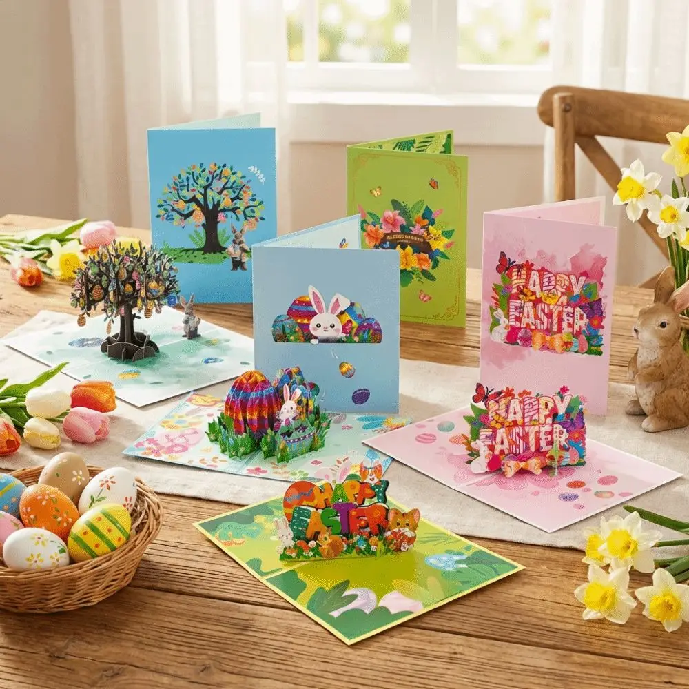 Carte de Pâques 3D Pop-up Pliable avec Enveloppe, Carte de Célébration Sculptée à la Main, Carte Cadeau en Papier Coloré avec Lapin et Œuf