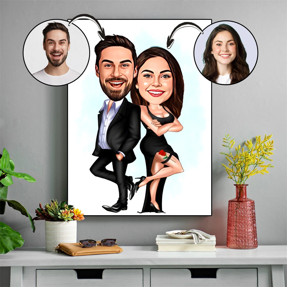 

Custom Couple Cartoon Portrait Personalized Couple Caricature Canvas Poster Funny Couple Caricature Wall Art Gift for Couple