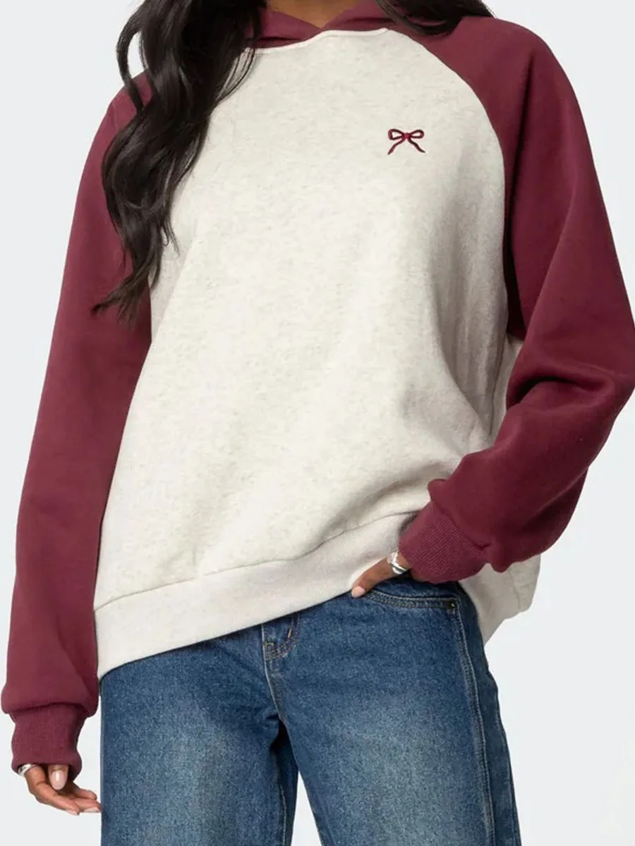 المرأة القوس هوديي كم طويل التباين اللون راجلان الخريف عارضة البلوز مقنعين البلوز