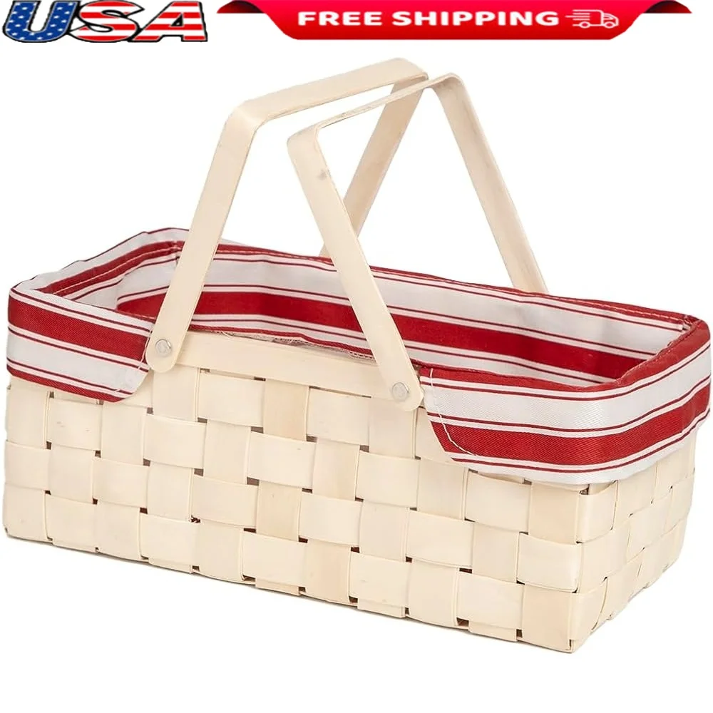 

Корзина для пикника из натурального бамбука с ручкой, моющаяся подкладка, легкая, прочная, для хранения на открытом воздухе, предметы первой необходимости для кемпинга, экологически чистая