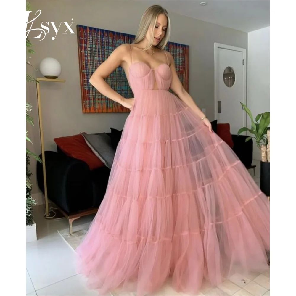 LSYX Elegant Pink Multi-layer Spaghetti Straps Tulle Prom Dress 2023 Sexy Sweetheart Sleeveless A-line Prom Gown