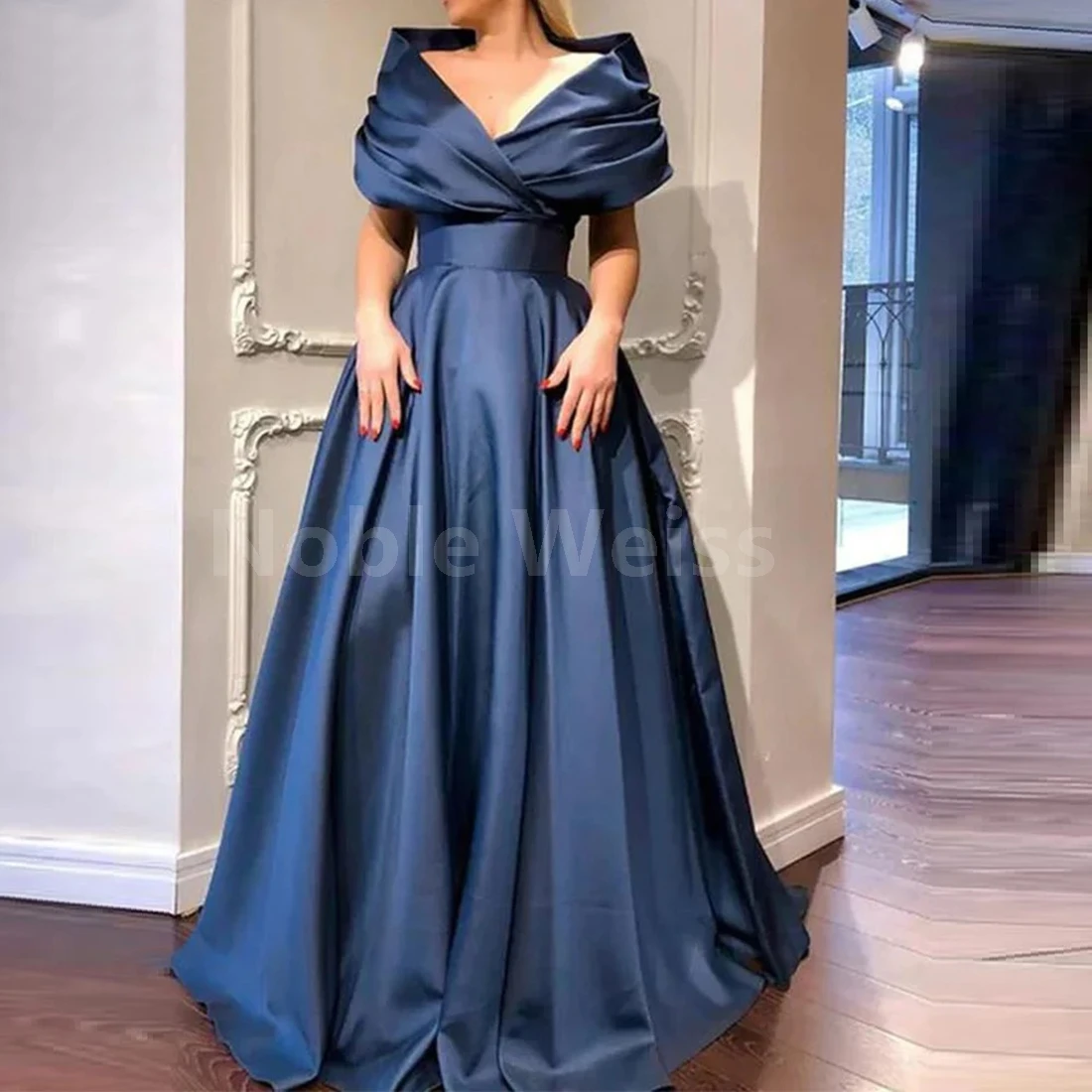 

V-Neck Satin A-Line Pleated Evening Dress with Off The Shoulder Design Customized
