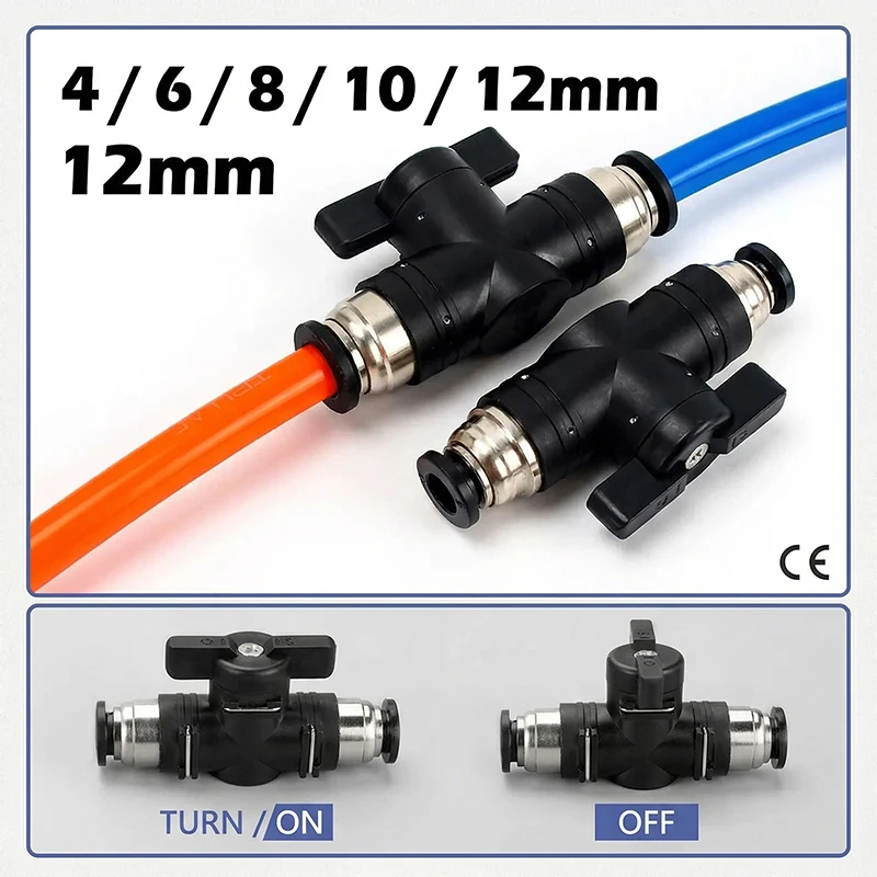 BUC Pneumatic Push-In Quick Connector with Manual Ball Valve – 4/6/8/10/12mm Hand Switch for Air Flow Control & Current-Limiting