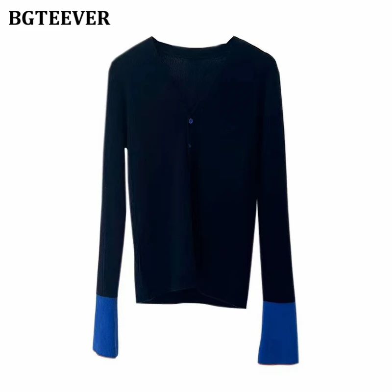 BGTEEVER Autumn Slim V-neck Ladies Knitted Cardigans Stylish Patchwork Long Sleeve Single-breasted Sweaters for Women