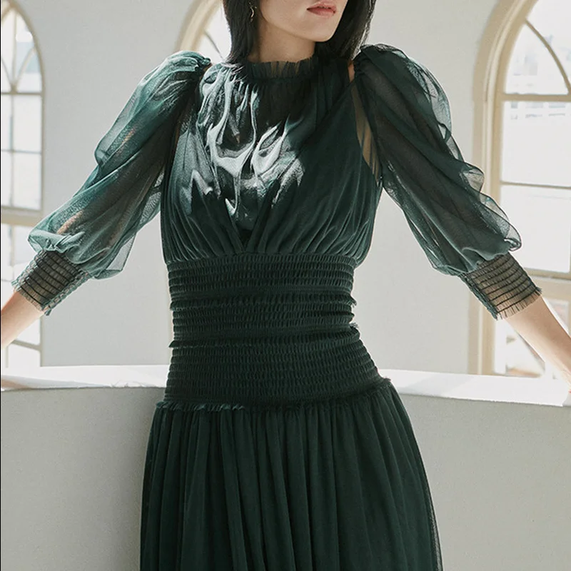 

2022 Spring New Women Dresses Sweet Robe O Neck Off Shoulder Half Sleeve Patchwork Elastic Waist Tulle Pleated Vestidos