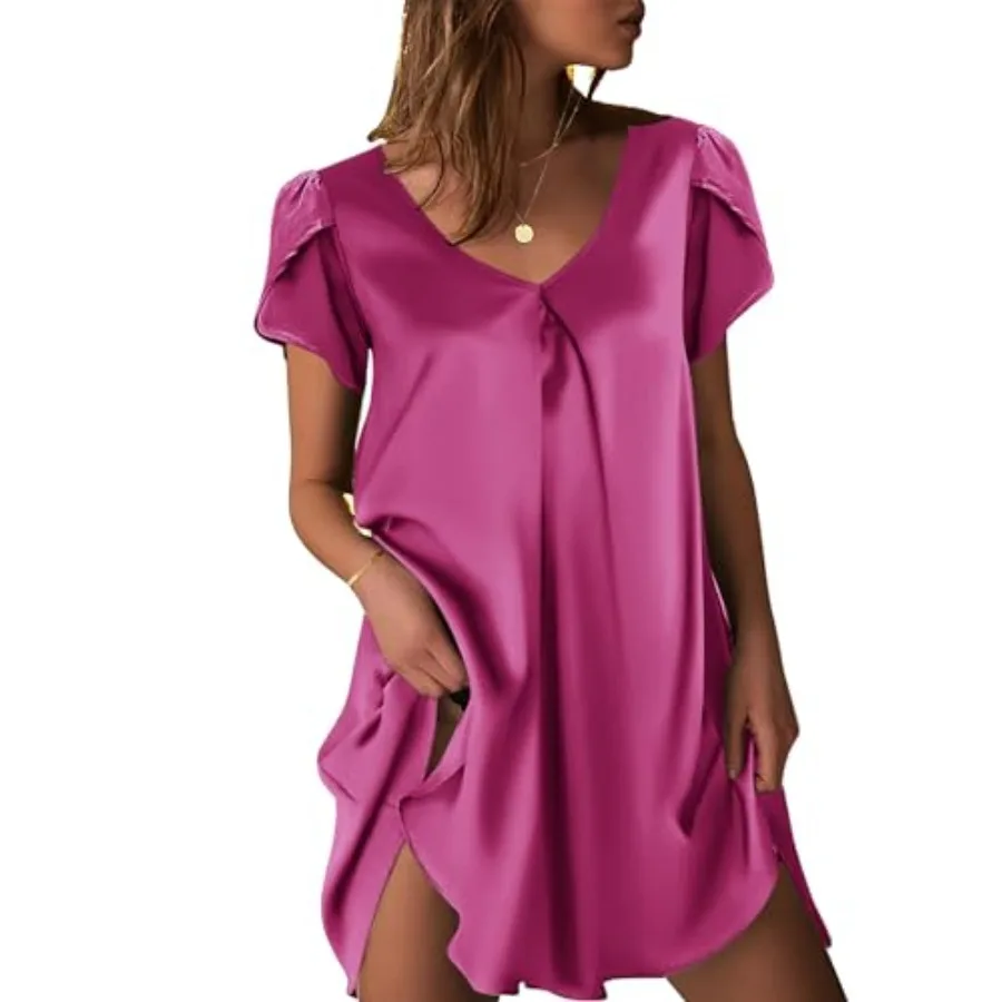 

Ekouaer Women's Satin Nightgown Short Sleeve Sleepdress V-Neck Sleepwear Loose Silk Sleepshirt
