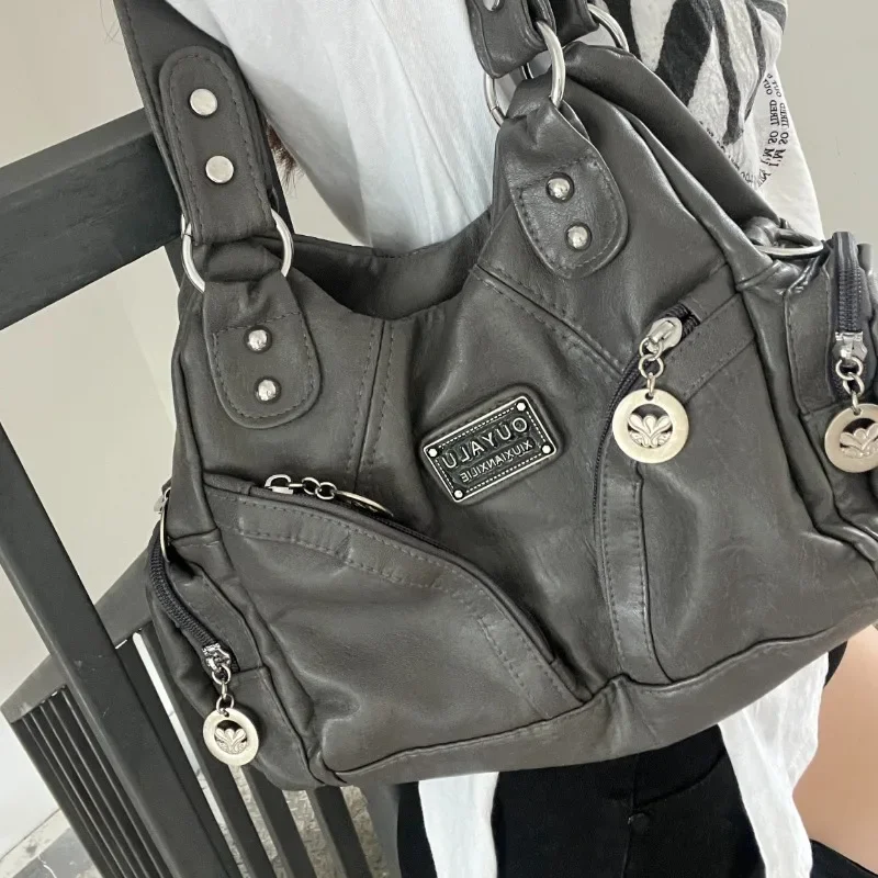 Xiuya Y2k Vintage Shoulder Bag for Women Large Capacity Gothic Soft Pu Leather Motorcycle Handbag Casual Gray Mens Armpit Bag