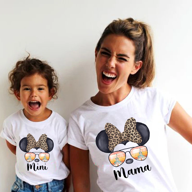 Funny Leopard Minnie Mouse Print Mother Kids T-Shirt Baby Bodysuit Cotton Summer Look Mama and Mini Family Matching Outfits