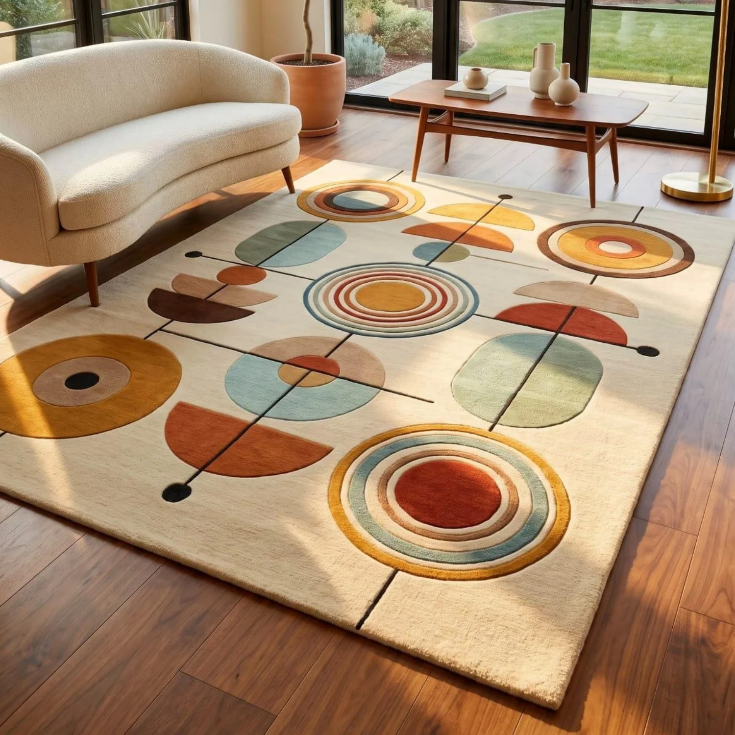 Room Decor Rug Cream Orange Brown Mid-Century Circular Semicircle Geometric Area Rug, Plush Floor carpet, rugs for livingroom, rug for bedroom, Rectangle Floor Mat, Suitable for Sunlit Study, Retro At