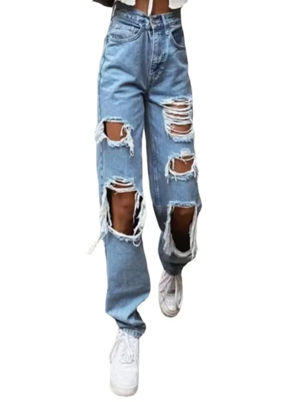 New Ripped Wide-leg Jeans Women Youthful Elastic Force Jeans Pants for Women Vintage Women\'s High Waisted Jeans Female Trousers