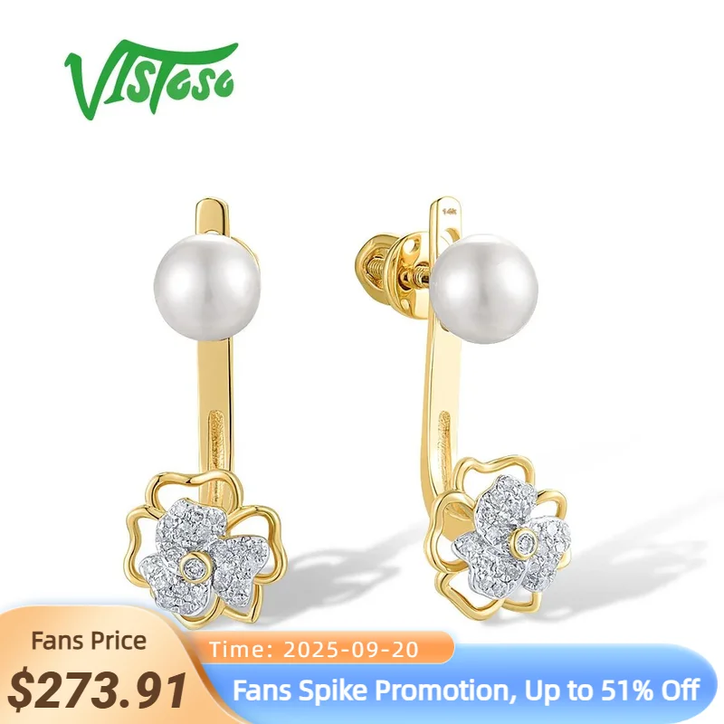 

VISTOSO Authentic 14K 585 Yellow Gold Stud Earrings For Women Sparkling Diamonds Fresh Water White Pearl Fancy Fine Jewelry