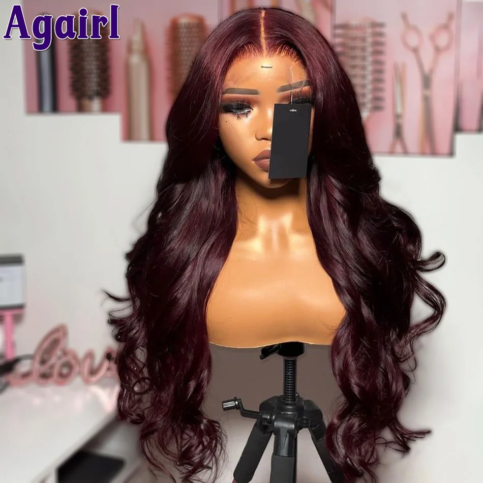 34Inch 13X6 Dark 99J Body Wave Human Hair Wigs for Women Black Burgundy 13X4 Wavy Lace Frontal Wigs Pre Plucked 4X6 Ready Go Wig