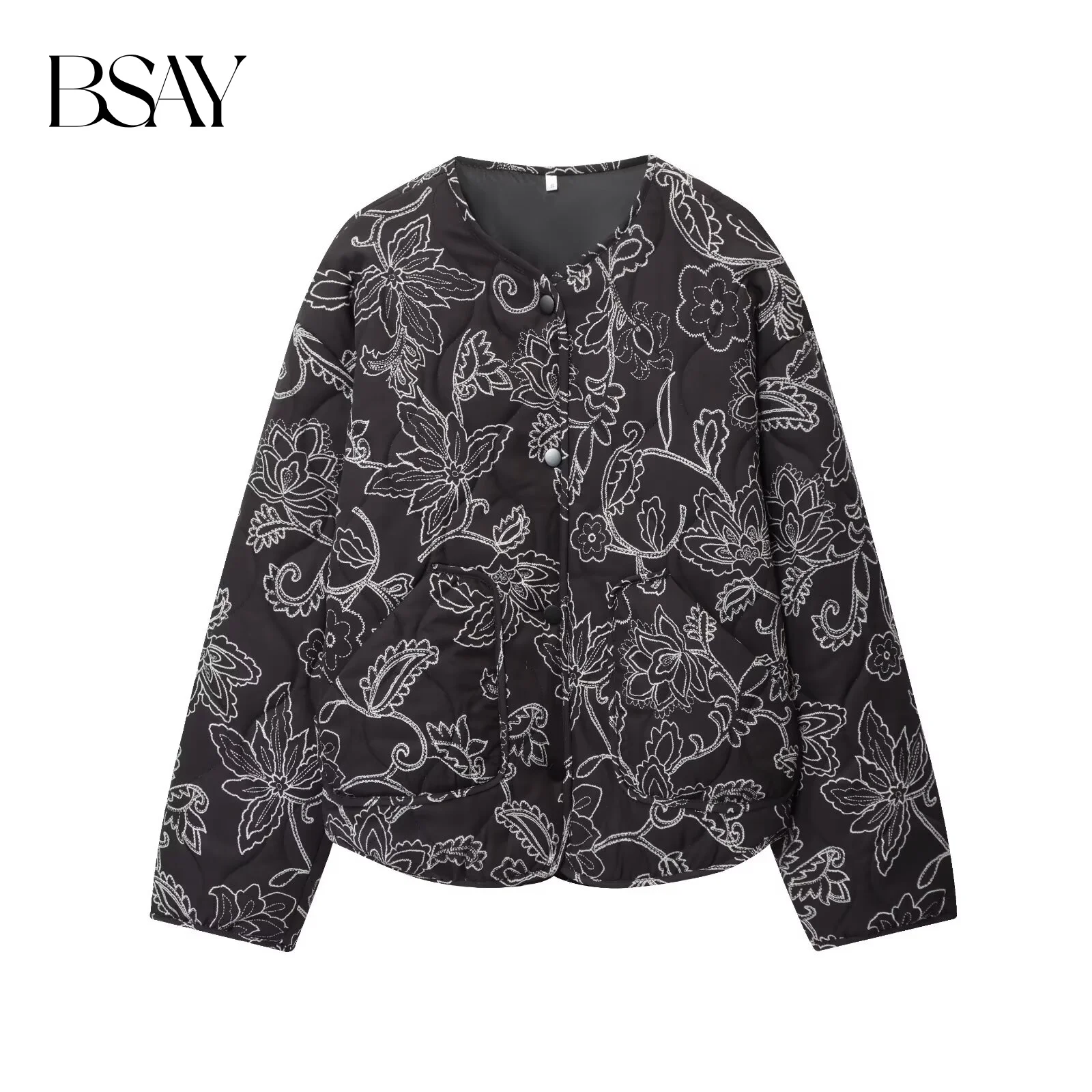 BSAY round neck long sleeved single row button women's clothing 2025 autumn new casual simple quilted coating jacket