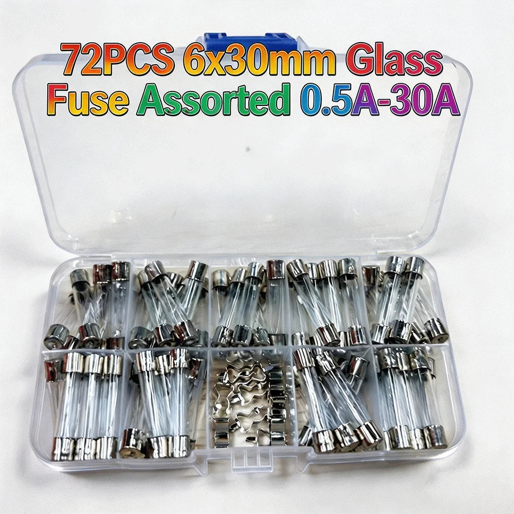 72PCS Assorted 6x30mm Glass Fuses Set 0.5A-30A with Bracket Electrical Safety Protection Sample Box for Home Circuit Breaker