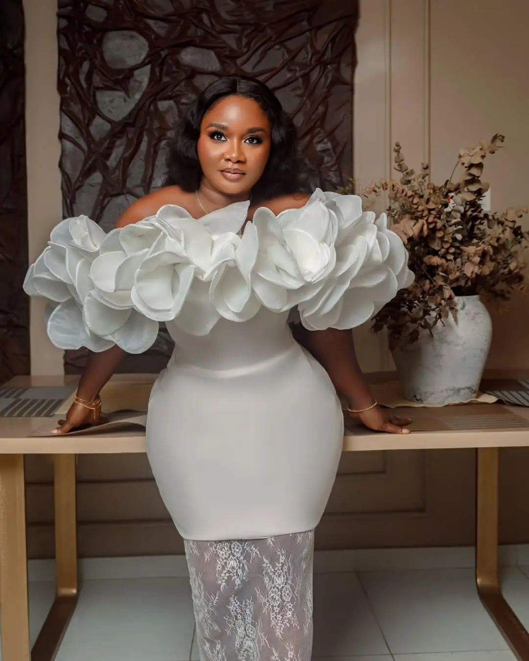 Plus Size African Ivory Long Evening Dresses with 3D Big Flowers Off Shoulder Lace Aso Ebi Wedding Guest Dress Formal Party Gown