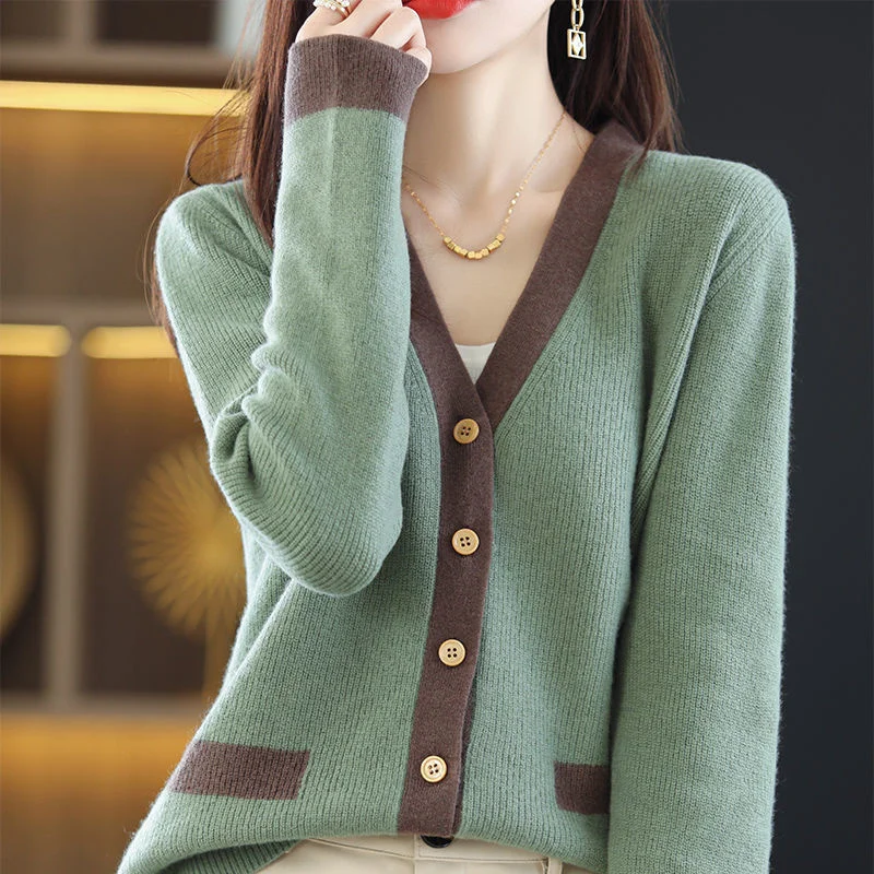 Spring Autumn celebrities Women New Knitted Cardigan Patchwork Color Loose Sweater Coat Female Western Style Long Sleeve Jacket