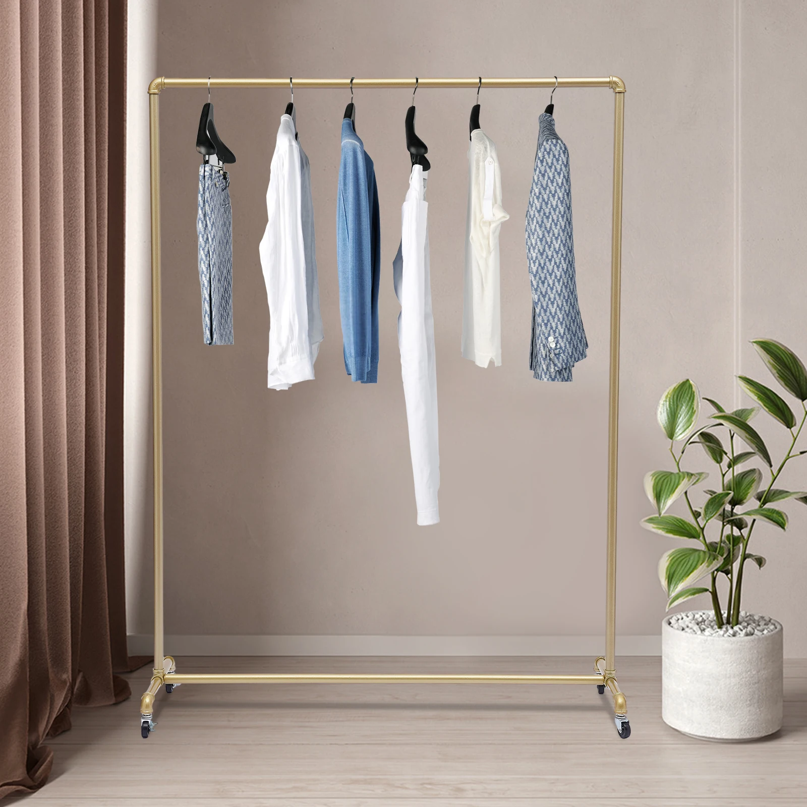 

Sturdy Metal Clothes Display Rack Rust-Resistant Galvanized Pipe Smooth Line Geometric Style Freestanding Storage Rail