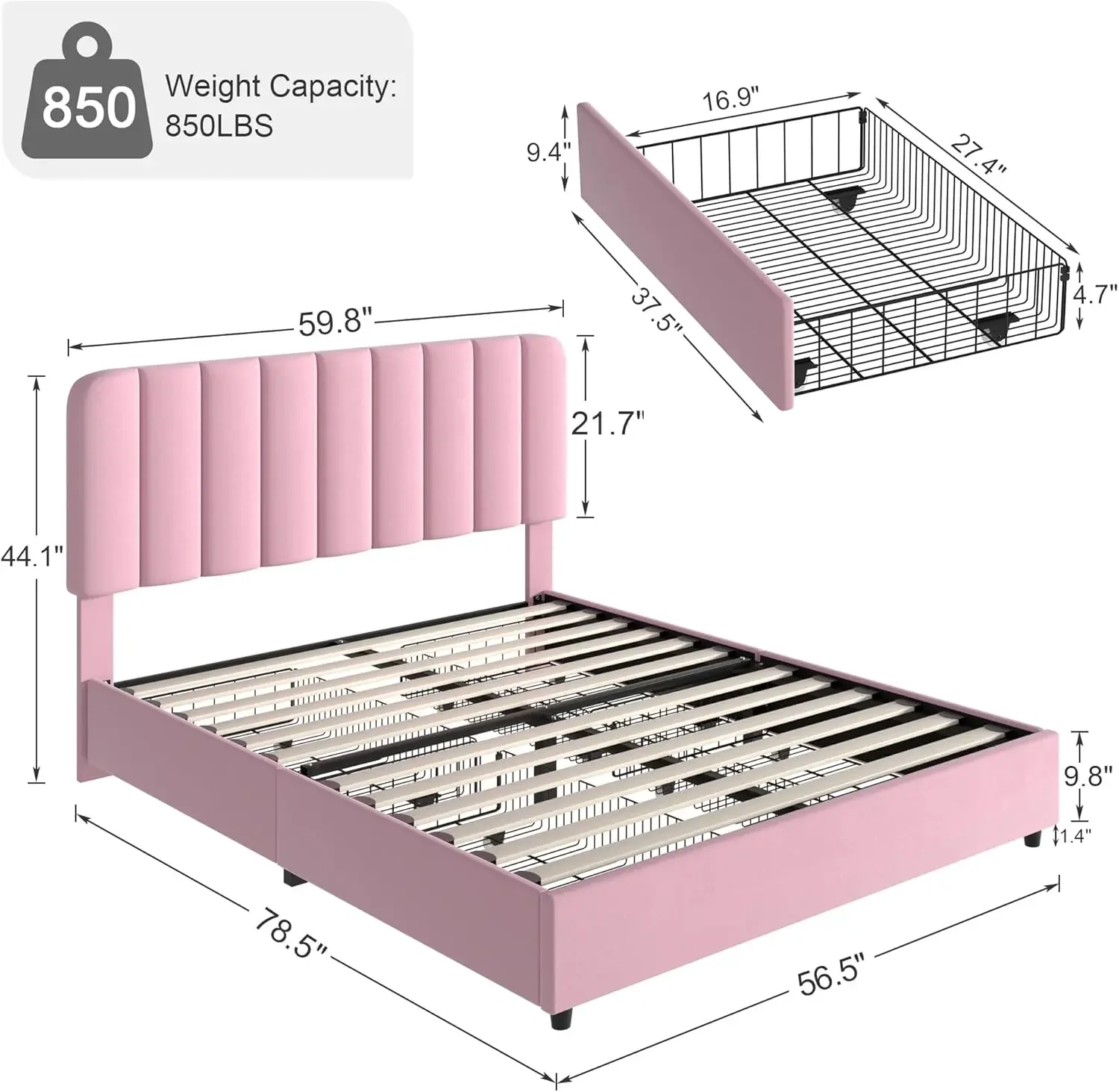 Full Size Upholstered Bed Frame with 4 Drawers and Adjustable Headboard, Velvet Platform Storage Mattress