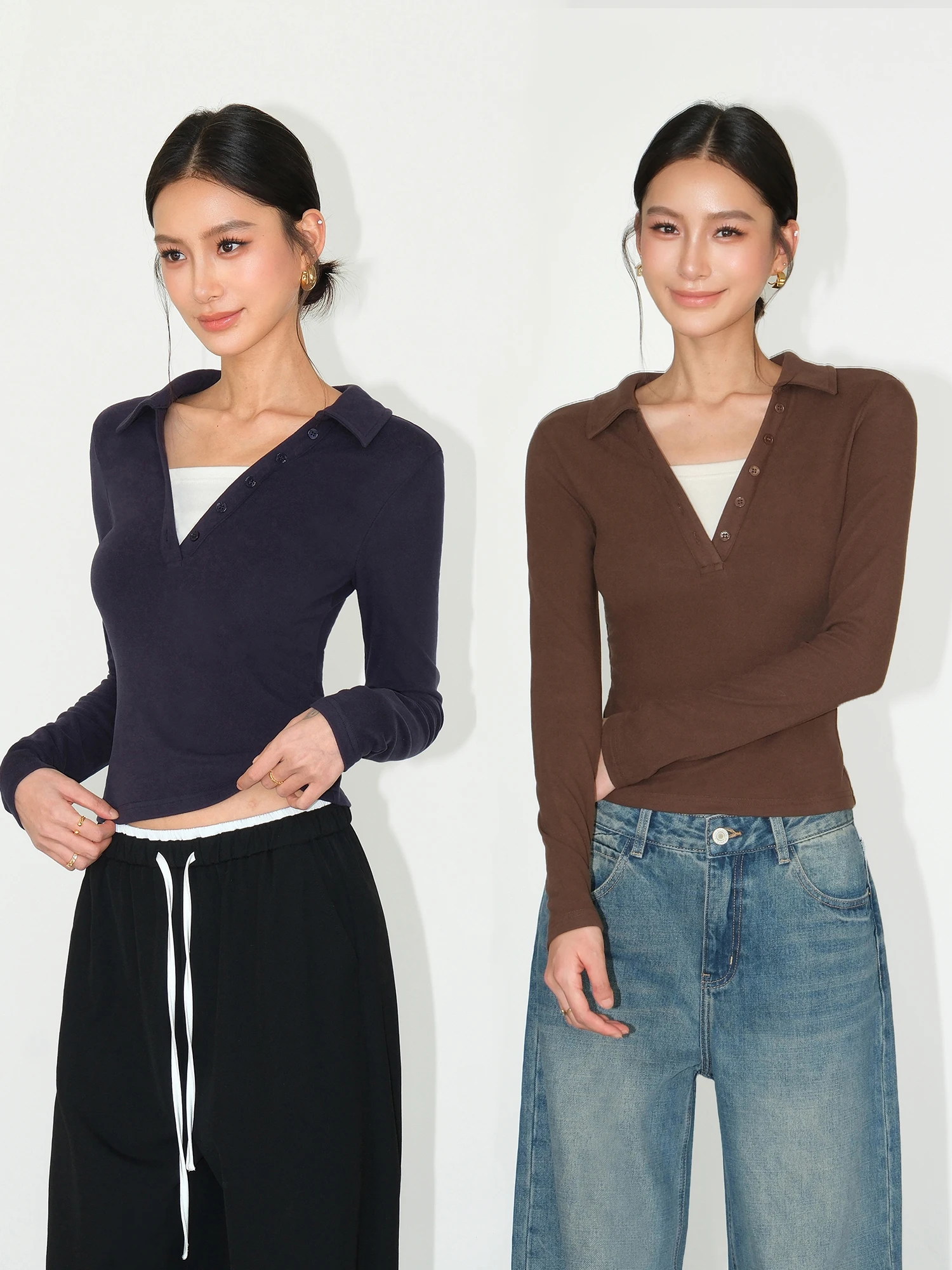 

Женский вязаный топ NEVA HU High nce Daily Henry Collar с эффектом двухслойности, длинными рукавами и V-образным вырезом, в стиле колор-блок