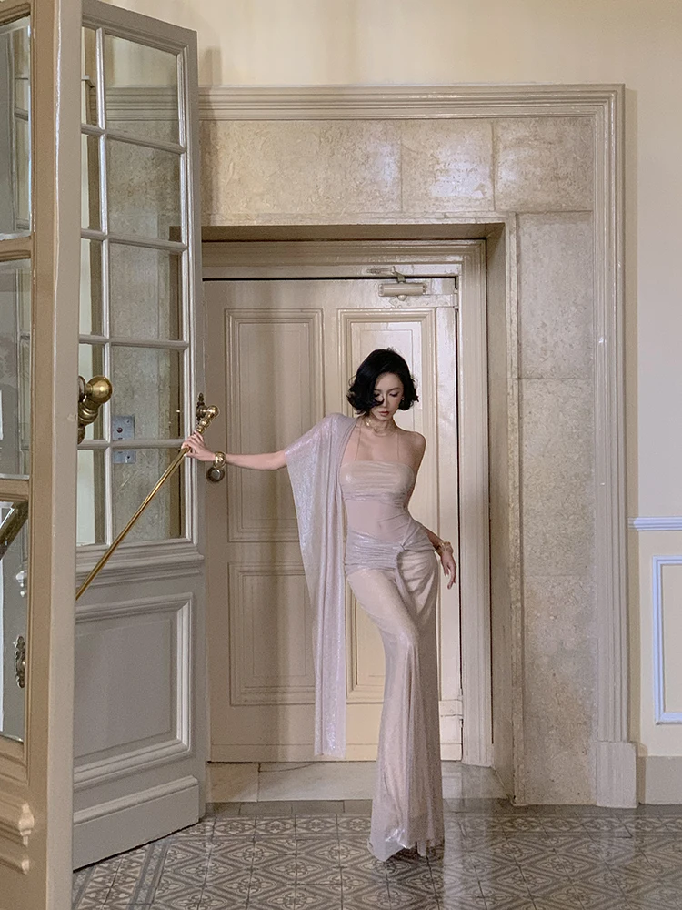 

Вечернее платье Island Store Vaion Sle Heavy Work Nude Color Strapl Fi Tail See tough awl Dr Long Evening Gown Sexy High Wai