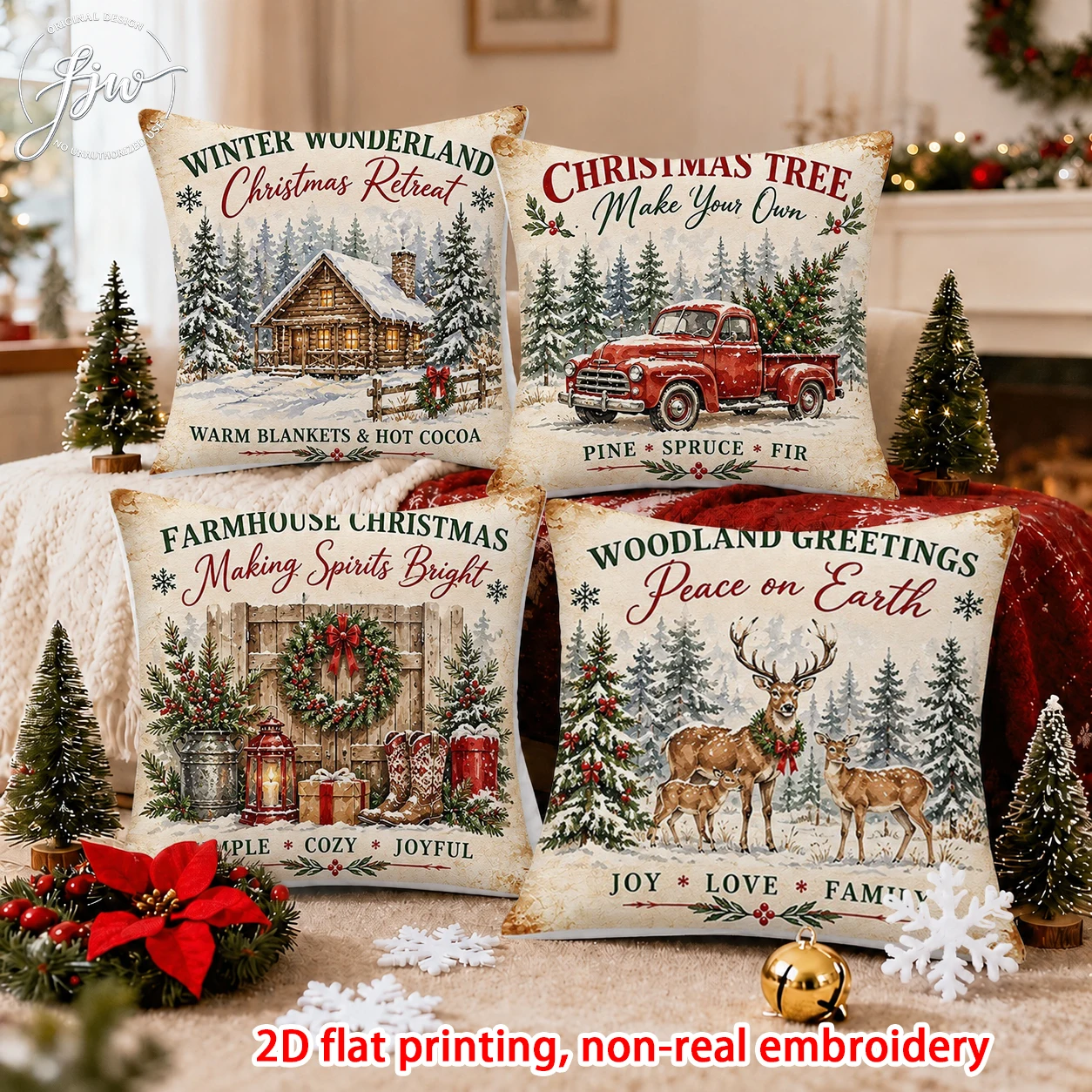 1pcs Farmhouse Christmas Throw Pillow Covers Rustic Winter Wonderland Xmas Tree Deer Truck Holiday Cushion Cases for Home Decor