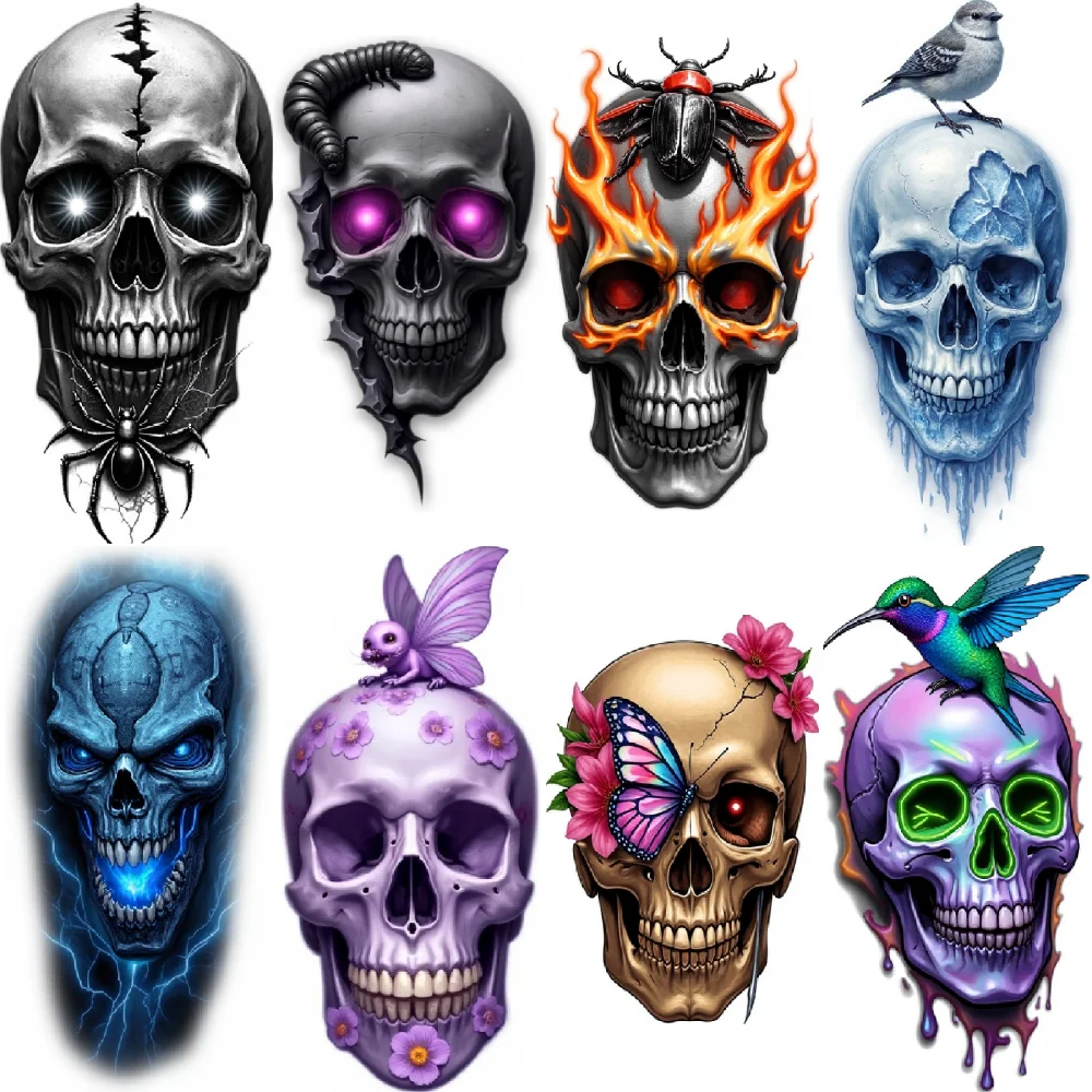 

3pcs Temporary Tattoo Waterproof Long-lasting Body Stickers Skull With Hummingbird Skull With Scorpion Skull With Worm For