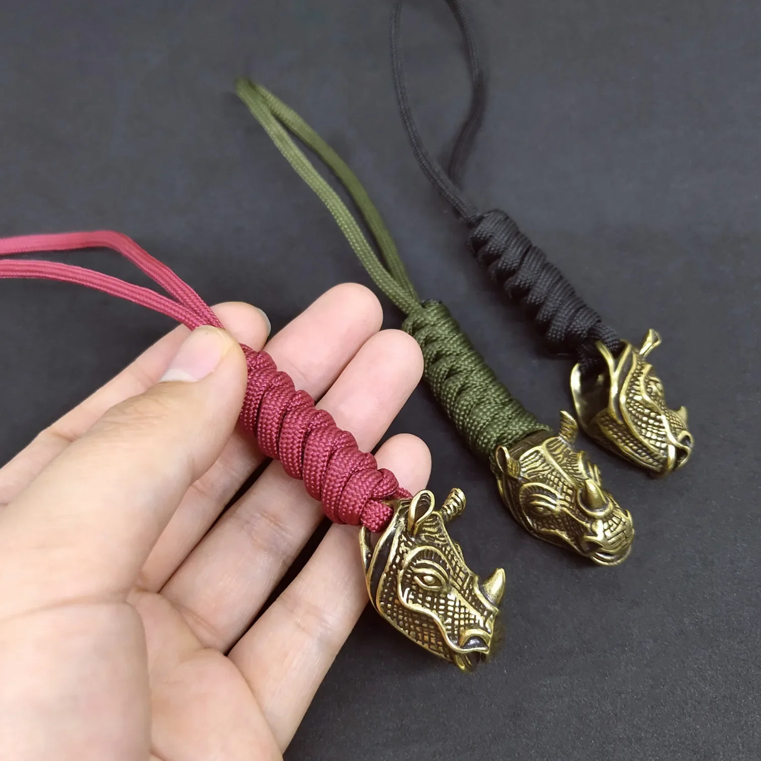 Paracord braided pendant Retro Brass Rhino head DIY Lanyard Knife bead Ornaments Bag hanging Rope Handmade