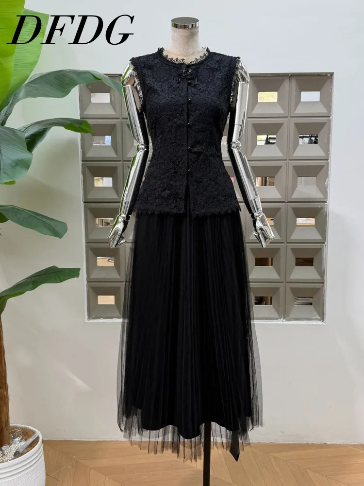 

DFDG Women 2026 Summer Two Piece Outfit Lace Sleeveless Vest High Waist Tulle Pleated Midi Skirt Set Elegant Party Cocktail Set