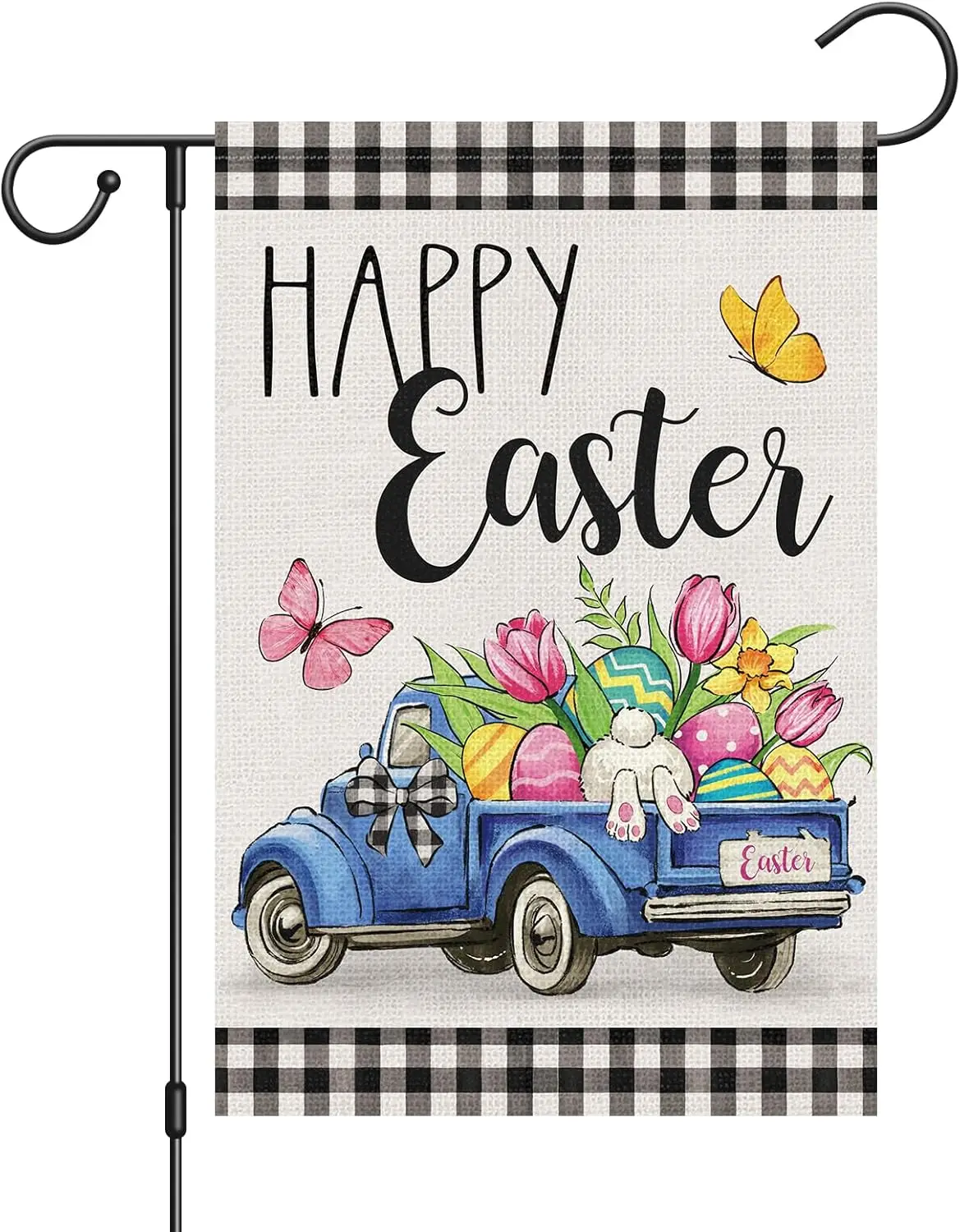 Happy Easter Garden Flag 12x18 Inch Double Sided Burlap, Truck Easter Eggs Yard Flags for Rustic Farmhouse Outdoor Decoratio hhz