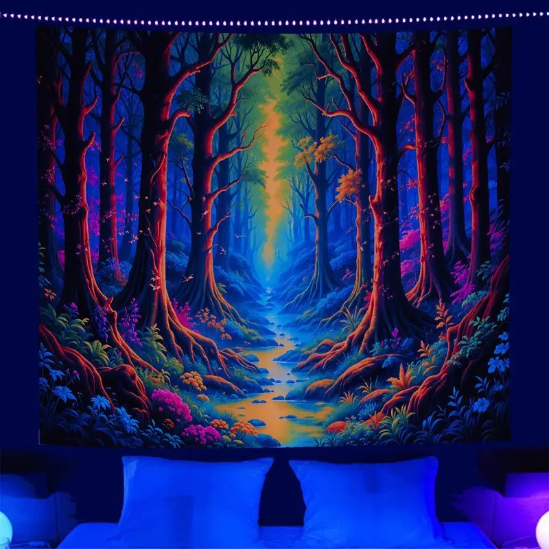 VIKAMA Neon Saturn Cactus Desert Wall Tapestry Blue Purple Glow Planet Ring Mountain Sand Night Psychedelic Space Decor Warm