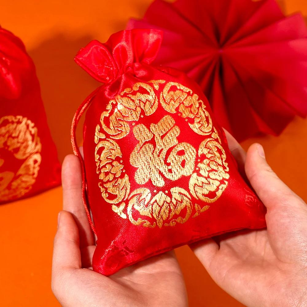 New Year Lucky Bags Jewelry Drawstring Pouch Cookie Candy Gift Bags Wedding Christmas Party Gift Packaging Chinese Silk Fu Bag
