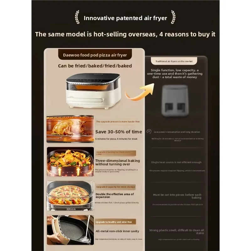 Large Capacity Visible Air Fryer, Double Heating Oven, Non-Stick Liner, Multifunctional Kitchen Cooker for Pizza Cooking
