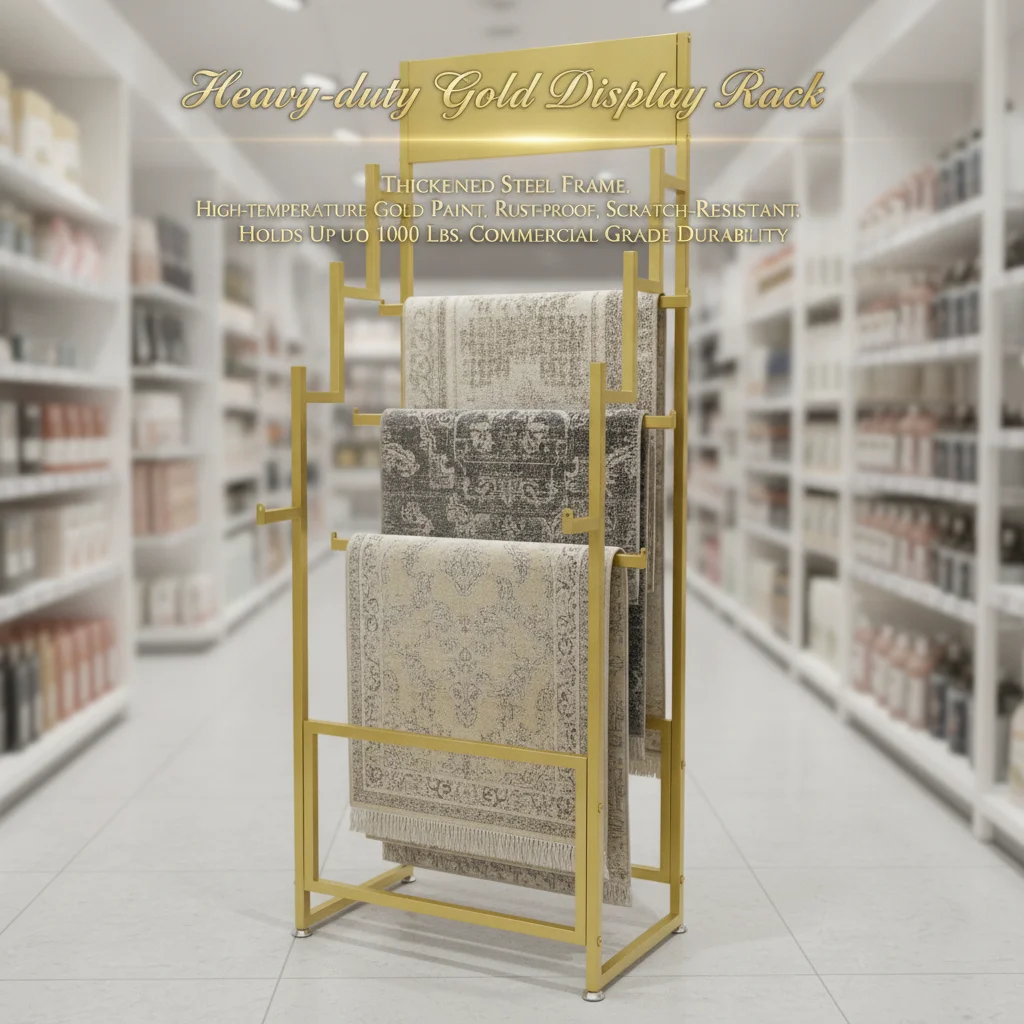 Carpet Display Rack Floor Standing, 4-Tier Golden Metal Rug Display Stand with Stepped Design, 100 lbs Capacity for Mats Scarves Belts Retail Store Display