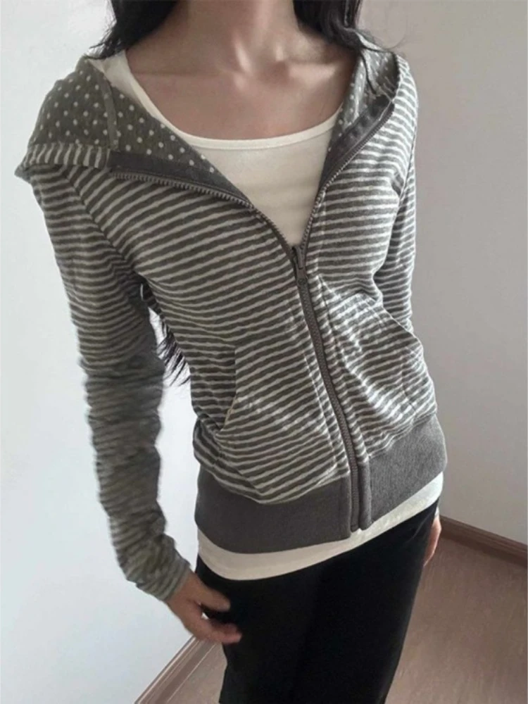 Ropa de calle americana Sudadera con capucha a rayas otoño nuevo cárdigan corto ajustado moda Casual abrigo de manga larga Mujer