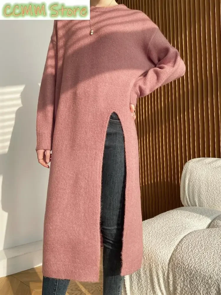 

Women Apricot Hem Slit Elegant Big Size Knitting Dress New Round Neck Long Sleeve Fashion Tide Spring Autumn