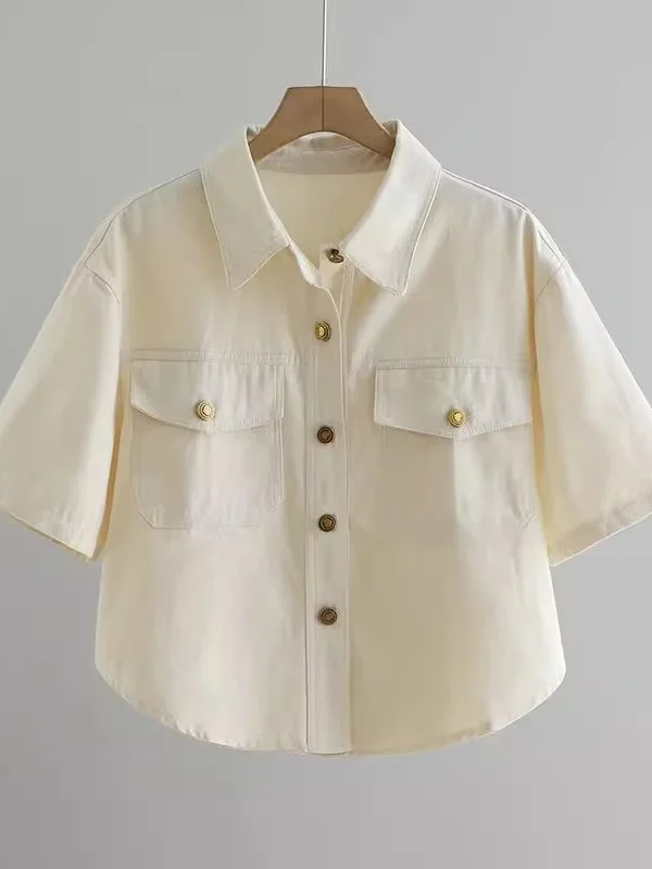 

Retro Hong Kong Sle ort Denim irt Women's Summer New Turn-down Collar Jaet Top Outerwear Casual Loose Fit Korean Sle