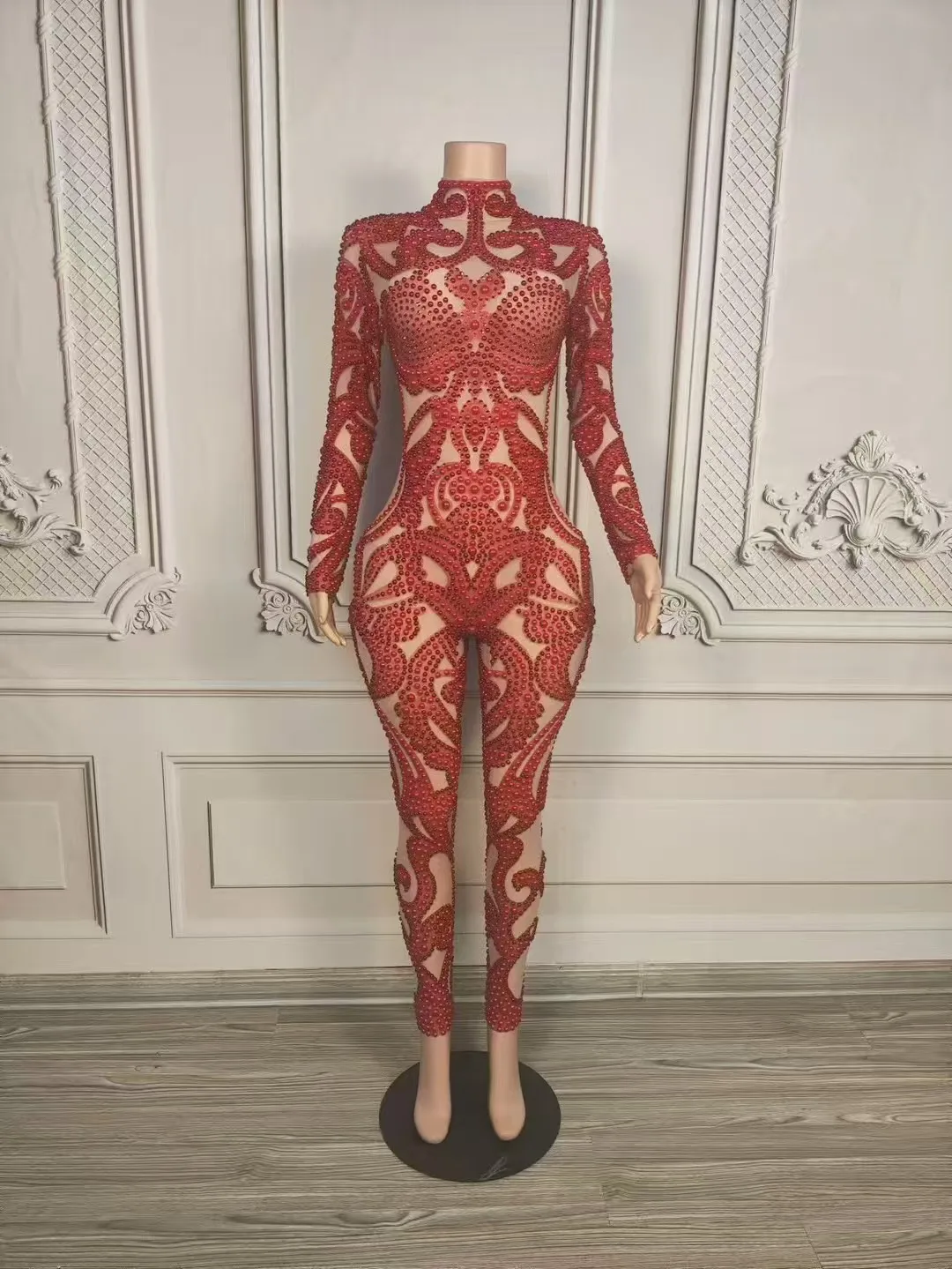 

Luxury Red Pearls Women Diamonds JumpsuitStretchy Mesh Outfit Christmas Party Dance ShowStage Performance Costume D322