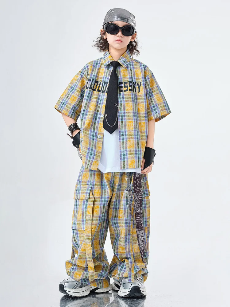 Mädchen Hip Hop Kariertes Hemd Cargo Hosen Jungen Street Dance Kleidung Set Kind Teensage Streetwear Kinder K-pop Jazz Kostüm