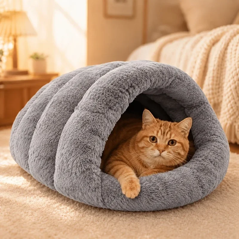 Weiches Plüsch-Halbgeschlossenes Katzenbett, Winterwarmes Haustierhaus, Faltbare Katzenhöhle, Schlafsack, Hundehütte, Winddicht, Verdickt für Kleine Hunde – Detail 2