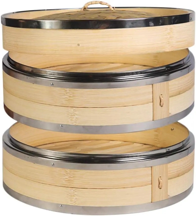 

2-Tier Kitchen Bamboo Steamer with Stainless Steel Rings for Asian Cooking | Sauce Dish & 2-Chopsticks | Buns Dumplings Vegetabl