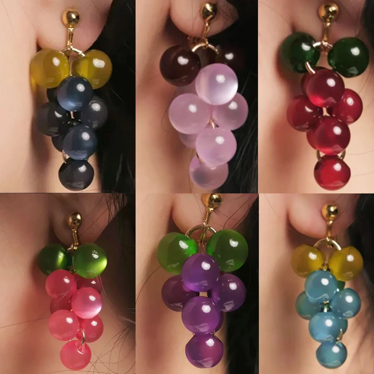 

New Jewelry & Accessories Sweet And Romantic Style Cute Colored Cat's Eye Stone Grape-Shaped Earrings For Women's Party & Gifts