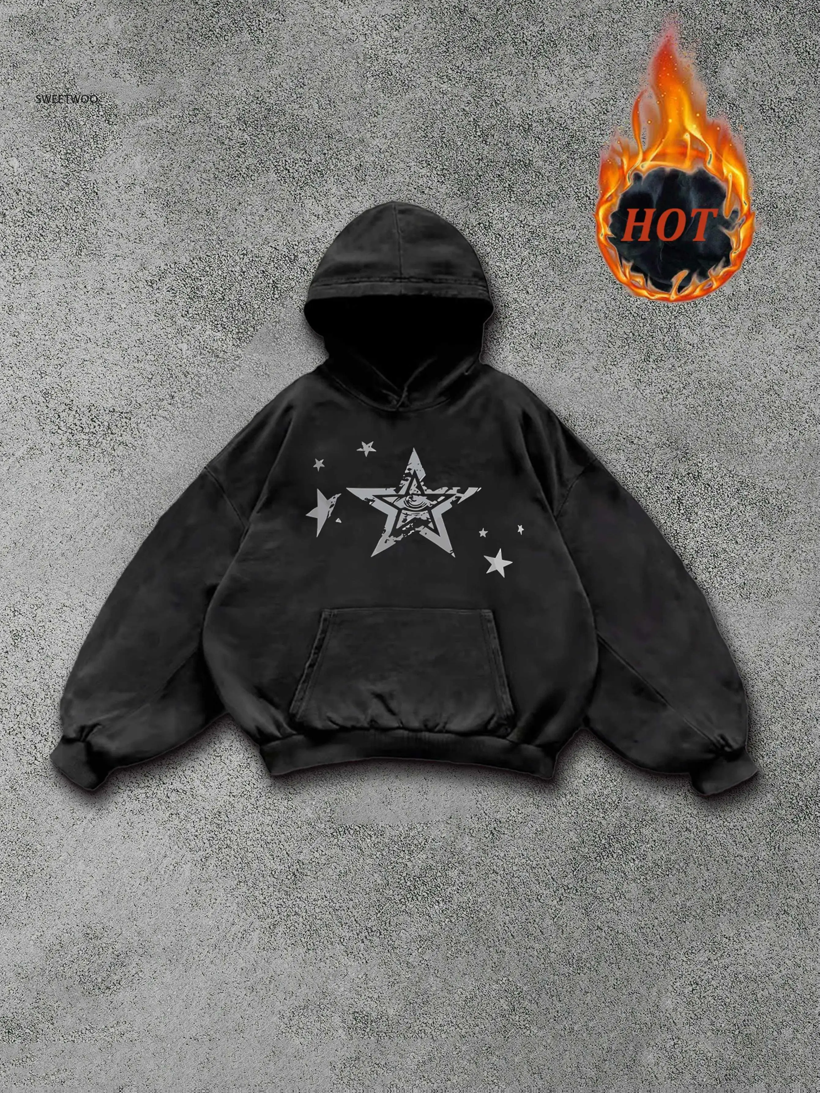 

Модная женская новая модная универсальная повседневная толстовка с капюшоном с художественным геометрическим принтом звезды и серебристым лисьим мехом