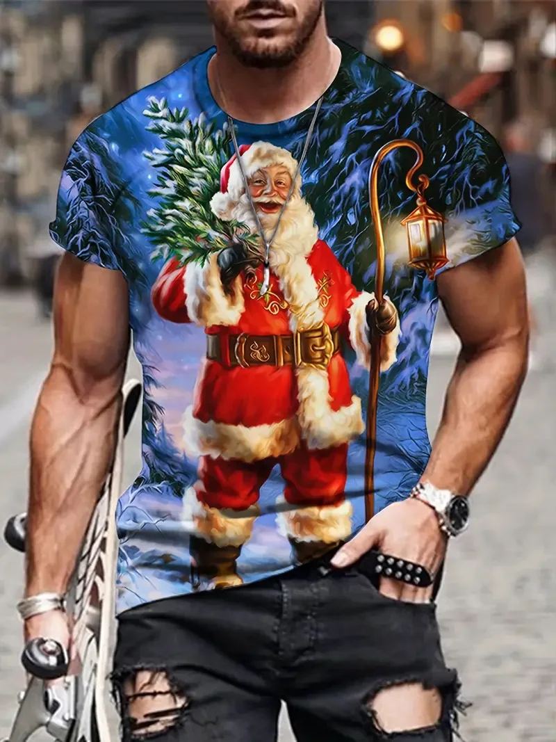 Santa Claus Printed Men's Comfortable Sports T-Shirt, Men's Summer Outdoor Clothing, Men's Clothing Suitable for Fitness Activities