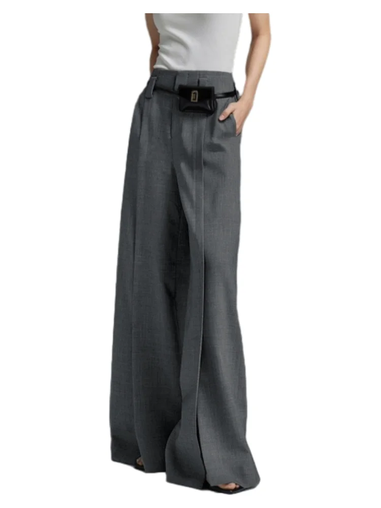 Freeacy 2025 Women\'s Formal Pants High Waisted Wide Leg Floor-length Split Trousers for Office Ladies Daily Commuter Bottoms