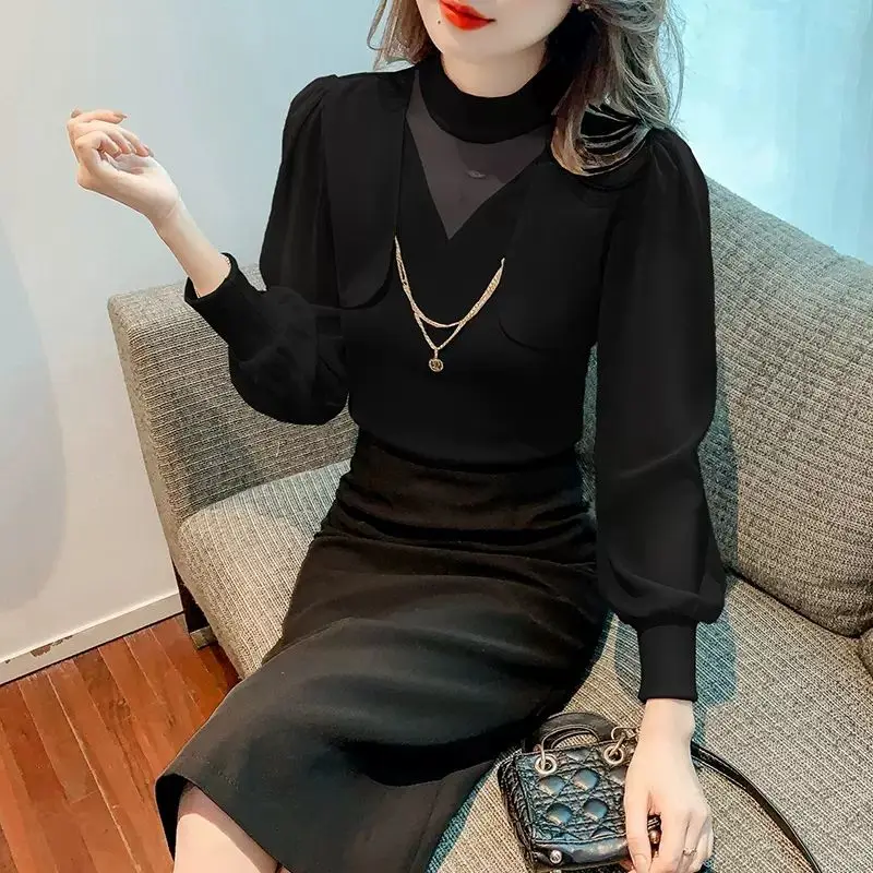 Elegant Spliced Gauze Hollow Out Puff Sleeve Blouses Women's Clothing 2024 Spring New Slim All-match Tops Office Lady Shirts