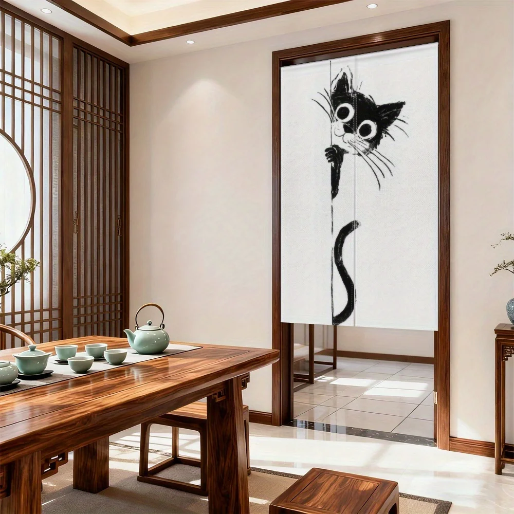 Curious Cat Noren Curtain – Black & White Cartoon Design, Semi-Translucent Fabric, for Bedroom, Tea Room, or Entryway