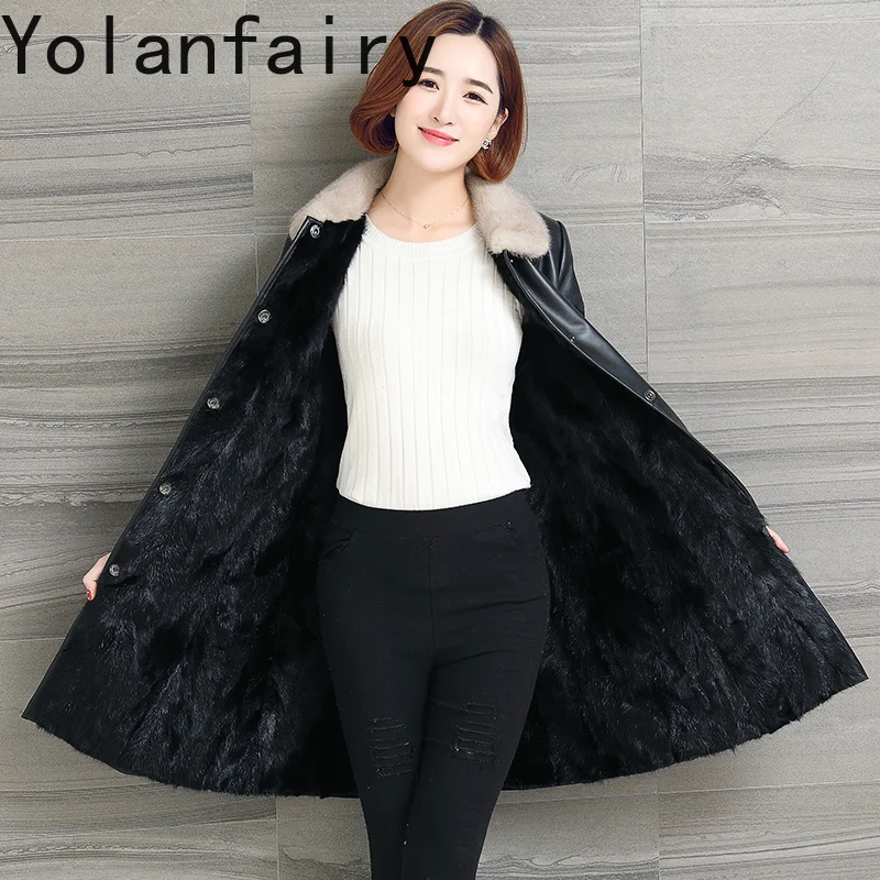 YOLANFAIRY الراقية جلد الغنم الحقيقي سترة النساء 2025 الشتاء الفاخرة فرو المنك بطانة معطف منتصف طول معاطف الفرو الدافئة ضئيلة