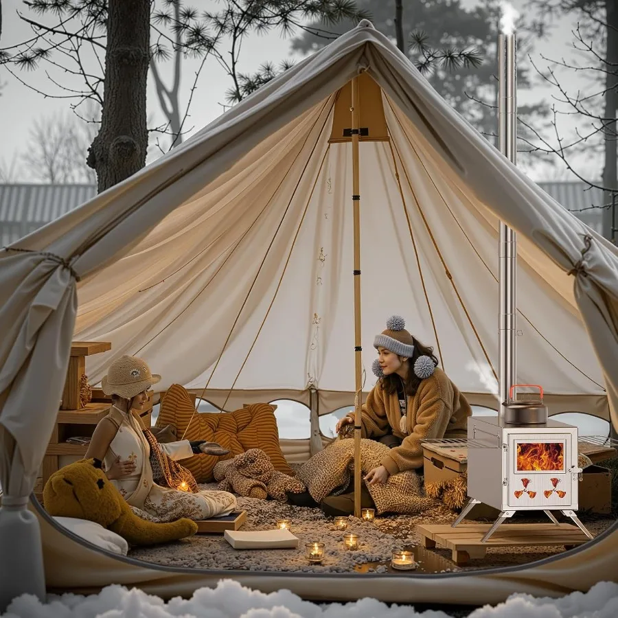 موقد حرق الخشب المحمول المصنوع من الفولاذ المقاوم للصدأ للتخييم في الخيمة: حل تسخين وطهي بسعة كبيرة مع 7 أنابيب مدخنة #3