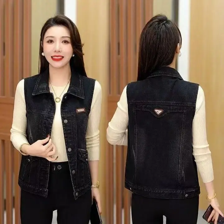 Retro Denim Vest Women's Short Loose Style Korean Fashion Slimming Elegant Spring Autumn New Model Outerwear Polyester Fiber