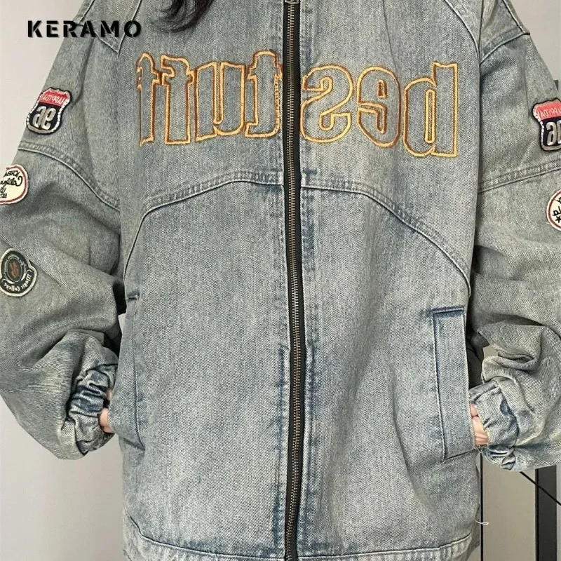 Amerikanische Retro-Stil baggy lässig blau Mode Jeans jacke Herbst Damen Applikationen Reiß verschluss Straße y2k Vintage losen Mantel